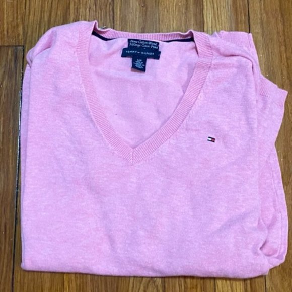 LAST CHANCE - Tommy Hilfiger Prima Cotton Light Pink V-Neck Sweater S - Picture 1 of 5